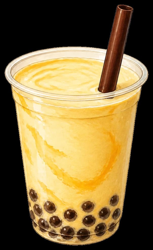 Illustrated cup of creamy mango boba lassi