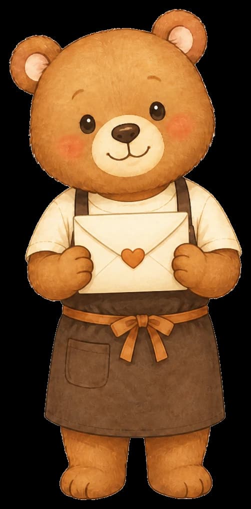 Boba Bear holding a cream envelope with a heart seal