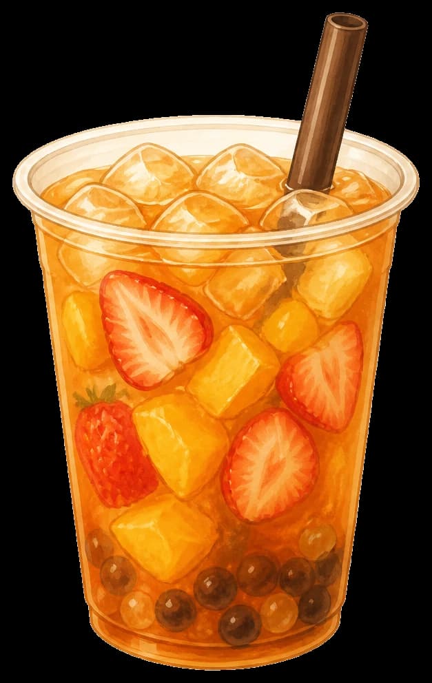 Illustrated cup of fruit tea with strawberry and mango