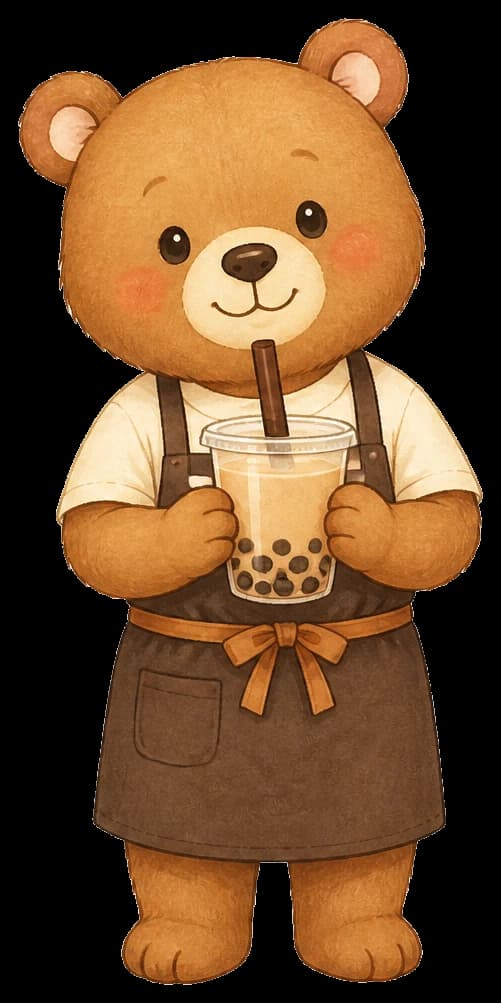 Boba Bear mascot holding a cup of milk tea