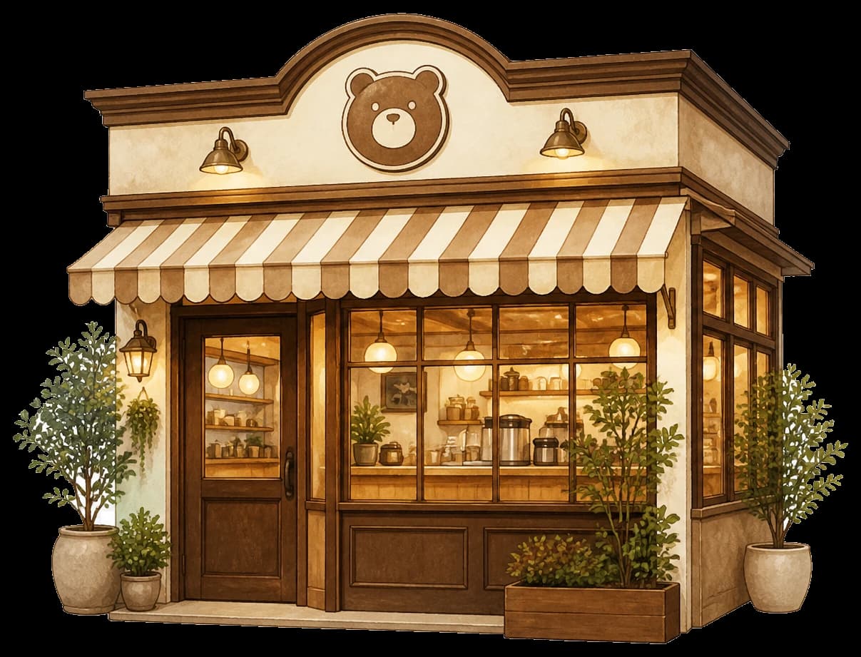 Illustrated Boba Bear boutique café storefront